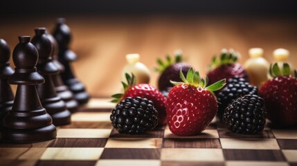 Fresh strawberries and blackberries strategically placed on a classic chessboard.