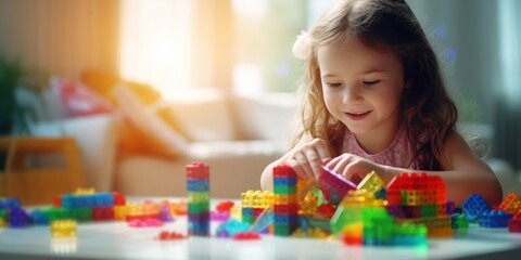 Fototapeta premium Young girl happily engaged in playing with bright, multicolored building blocks indoors.
