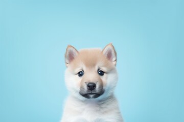Adorable light brown and white puppy sitting in front of a soft blue background.