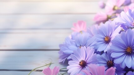 Blue and pink flowers creating a charming and soft aesthetic on a blue wooden background.
