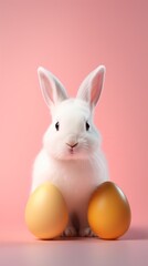 Adorable white bunny sitting between two golden Easter eggs on pink background.