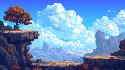barren grassland hill terrain against blue sky in pixel art game style, pixel art game terrain, pixel art game background, landscape background in pixel art style