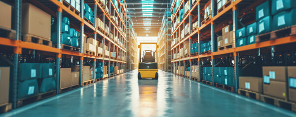 Forklift in warehouse. Cargo freight transportation and distribution warehouse.