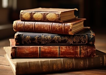 Stack of brown ancient books on blur background. generative AI
