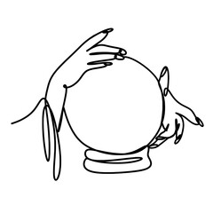 Hand with crystal ball one line art drawing 