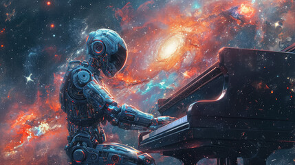 A robot playing the piano in the universe, with galaxies in the background - obrazy, fototapety, plakaty