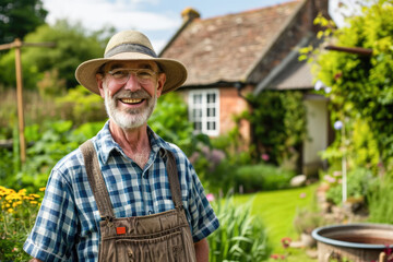 Senior man gardening in his garden, wearing a straw hat and smiling