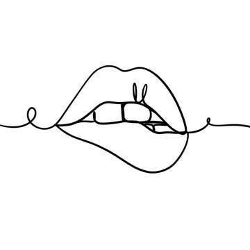 Women bite lip one line art drawing 