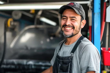 Fotobehang portrait of auto mechanic smiling and looking at camera in auto repair shop © PixelGallery