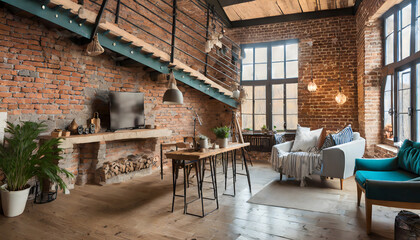 View inside luxury vintage loft apartment with brick walls. Generative AI.