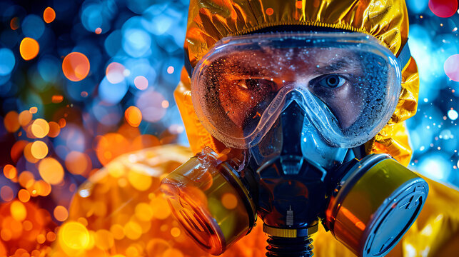 Man in protective suit against vibrant light bokeh