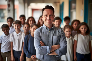 Smiling male teacher standing with crossed arms in front of a group of children in an elementary school classroom. The children surround the teacher with joyful and smiling faces.