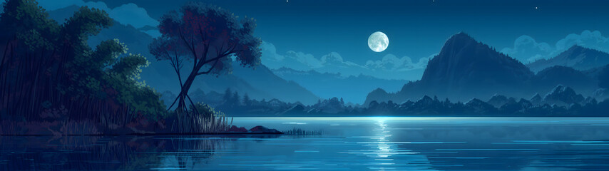lake with moon at the night, pixel art landscape background wallpaper, rpg game background, background with a ratio size of 32:9 - obrazy, fototapety, plakaty