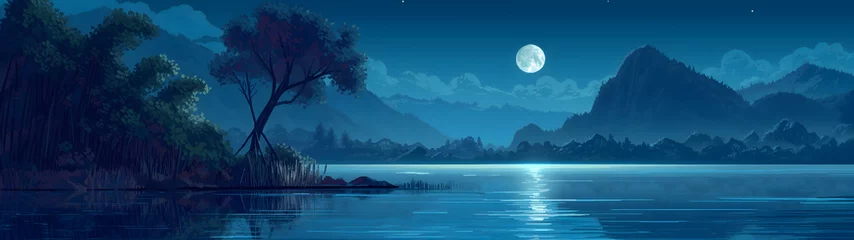 Foto op Plexiglas lake with moon at the night, pixel art landscape background wallpaper, rpg game background, background with a ratio size of 32:9 © Helfin