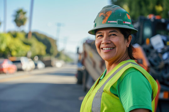 Portrait of smiling mature Asian female construction worker standing in front of road construction site