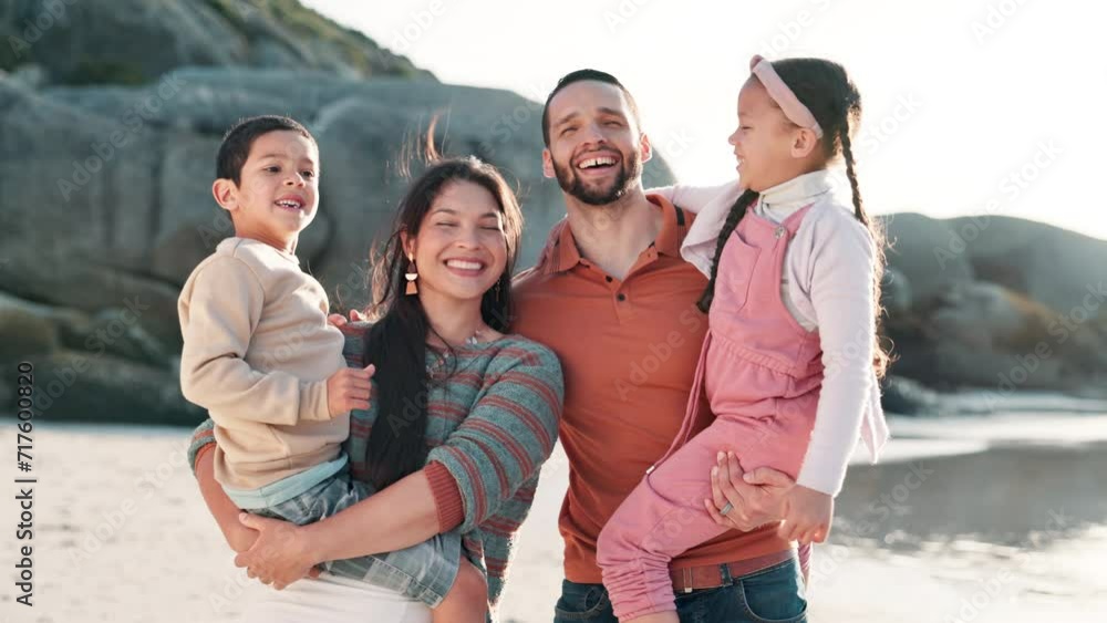 Poster Happy father, mother and children on beach for summer vacation adventure and bonding together for love by sea. Young kids, man and woman in outdoor fun in excited, relax and holiday wellness by ocean