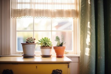 sunlit window with succulents on the sill and curtains