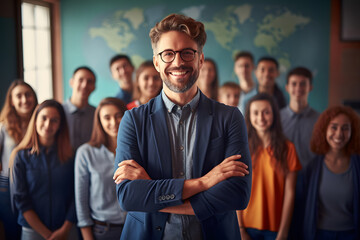 Smiling male teacher standing with crossed arms in front of a group of children in an elementary school classroom. The children surround the teacher with joyful and smiling faces. - obrazy, fototapety, plakaty