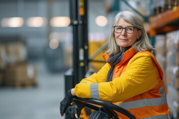 Fototapeta na wymiar Portrait of mature woman working in warehouse. This is a freight transportation and distribution warehouse. Industrial and industrial workers concept
