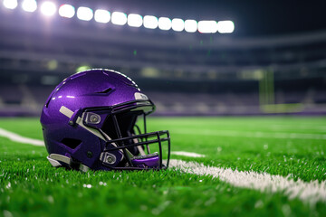 purple American football helmet on green field with stadium lights in the background.