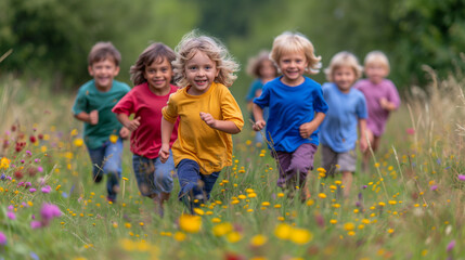 lachende fröhliche Kinder laufen über die Wiese