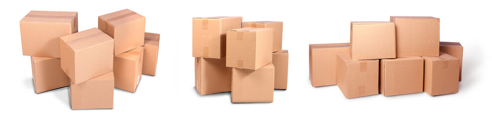 stack carton or cardboard pile or piles box isolated on white background. Online marketing packaging box and delivery. - obrazy, fototapety, plakaty
