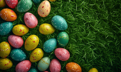 Fototapeta na wymiar A top-down close-up view of a grass with hidden Easter eggs