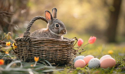 A rustic Easter basket filled with natural eggs and rabbit, presented in a natural outdoor setting.