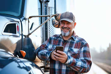 Smiling mature man using mobile phone while standing near his semi truck - obrazy, fototapety, plakaty