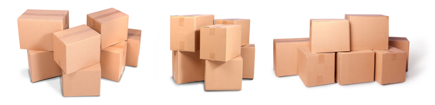 stack carton or cardboard pile or piles box isolated on white background. Online marketing packaging box and delivery.