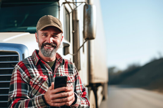 Smiling mature man using mobile phone while standing near his semi truck