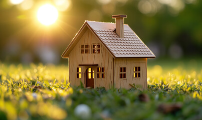 Wooden model of house on grass, new home concept.