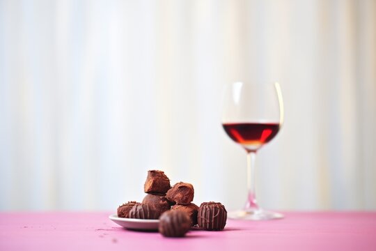 a glass of ruby port beside stacked chocolate truffles