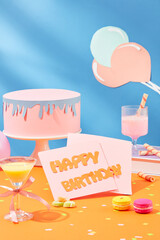 Front view of cocktail glasses, macarons, greeting cards and decorations on a brightly colored background. Birthday theme with origami art.