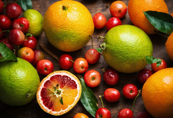 Vibrantly colored seasonal fruits, oranges, grapefruits, apples. Healthy living and nutrition 
