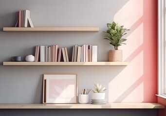 A bookshelf attached to the wall with rows of books inside - obrazy, fototapety, plakaty