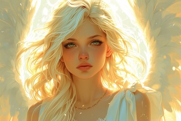 beautiful female angel, bright white elegant wings, white robes