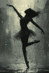 Black shadow in the shape of a ballerina girl, she dances on the stage