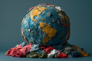 Planet earth full of piles of clothing and fashion waste, global impact of fashion consumerism