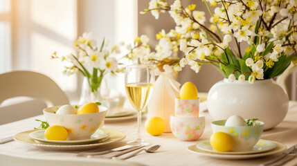 easter still life with eggs and flowers