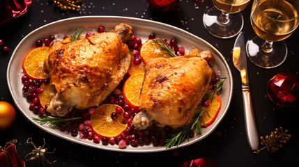 Christmas baked chicken with cranberries and oranges