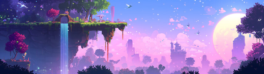 meadow hill terrain with waterfall in purple sky in pixel art game style, pixel art game terrain, landscape background in pixel art style, rpg game background, background with size ratio 32:9
