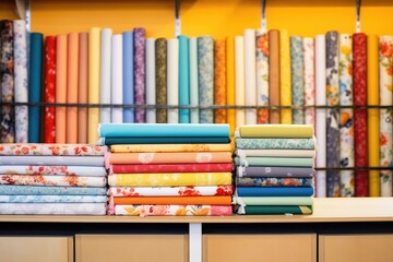 rolls of colorful fabric stacked on a shelf in a studio