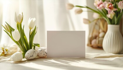 Mockup for a greeting card. Blank greeting card on a table with flowers. Colorful Easter eggs and spring flowers on easter festive background. Happy Easter! Empty greeting card, postcard or banner.