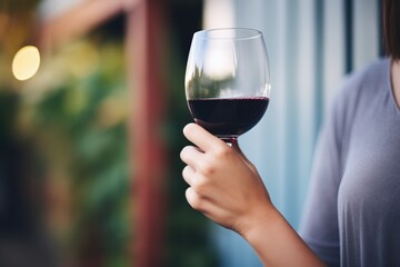 hand holding a glass of red wine with grapevines in the background