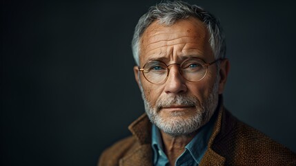 Obraz premium Portrait of a senior man with a thoughtful expression and glasses. contemplative elderly gentleman. AI