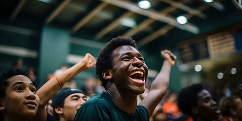 Excited fans cheering at a basketball game, emotionally invested in the intense match. joy and anticipation fill the air. AI