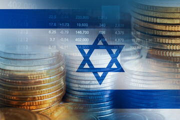Israel flag with stock market finance, economy trend graph digital technology.