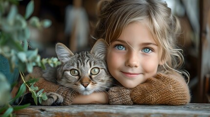Young girl with sparkling eyes embracing a gray tabby cat. friendship and innocence captured in a warm setting. AI
