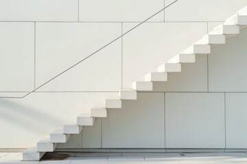 A modern, minimalist staircase with clean lines, a white wall, and a simple handrail